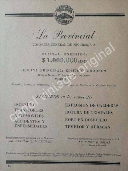 CARTEL ANTIGUO ORIGINAL DE SEGUROS LA PROVINCIAL 1941 MONTERREY