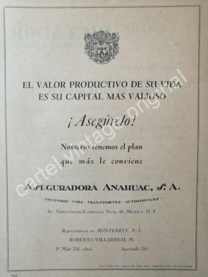 CARTEL ANTIGUO ORIGINAL DE CIA. ASEGURADORA ANAHUAC 1941 MONTERREY