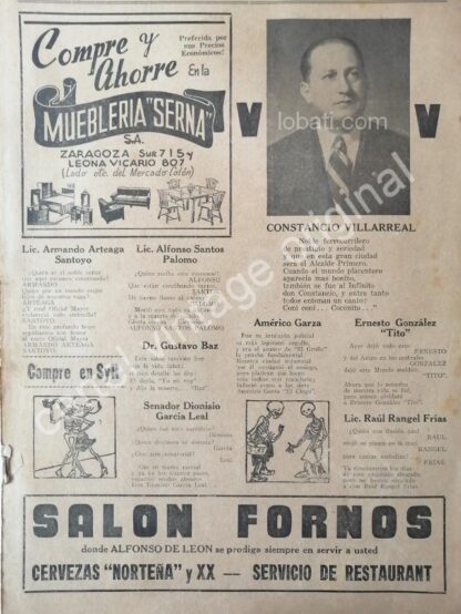 CARTEL ANTIGUO ORIGINAL DE CONSTANCIO VILLARREAL Y OTRAS NOTAS 1942