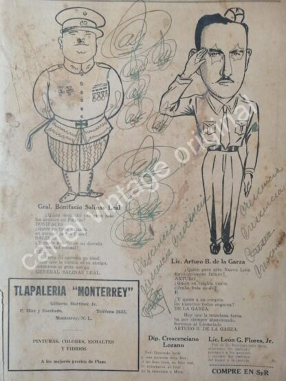 CARTEL ANTIGUO ORIGINAL DE CARICATURAS DE ARTURO B. DE LA GARZA Y BONIFACIO SALINAS 1942