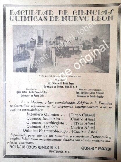 CARTEL ANTIGUO ORIGINAL DE PUBLICIDAD ANTIGUA FACULTAD DE QUIMICA UANL 1945 /MUY RARO