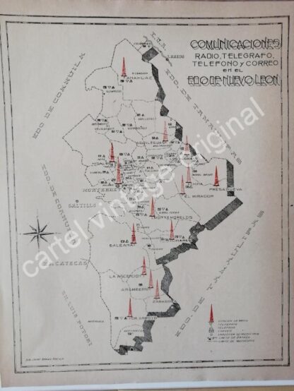 CARTEL ANTIGUO ORIGINAL DE MAPA Y VISTA AEREA DE MONTERREY 1942 - Imagen 2