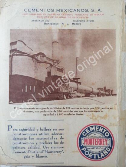 CARTEL ANTIGUO ORIGINAL DE CEMENTO MONTERREY , CEMEX 1960