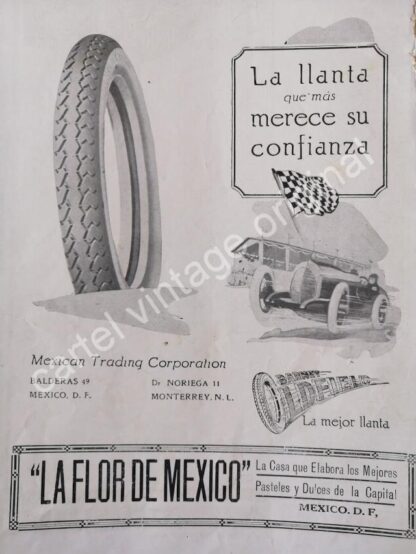 CARTEL ANTIGUO ORIGINAL DE LLANTAS OLDFIELD 1922 MEXICAN TRADING CORPORATION