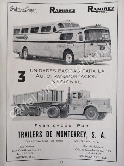 CARTEL ANTIGUO ORIGINAL DE TRAILERS RAMIREZ, TRAILERS DE MONTERREY S.A 1959