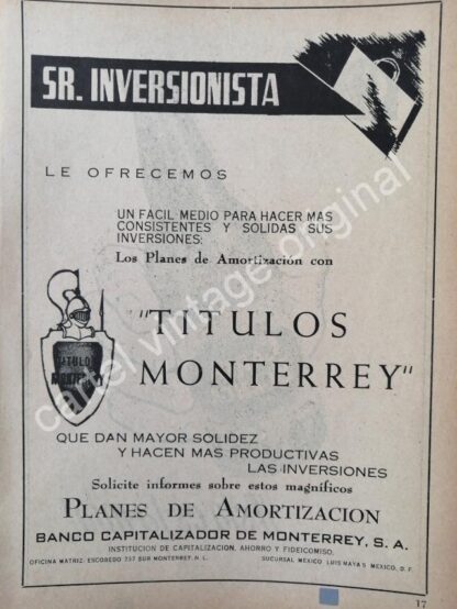 CARTEL ANTIGUO ORIGINAL DE BANCO CAPITALIZADOR DE MONTERREY 1942