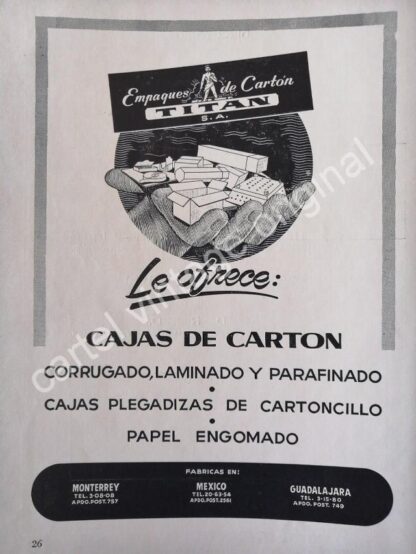 CARTEL ANTIGUO ORIGINAL DE EMPAQUES DE CARTON TITAN 1959 MONTERREY