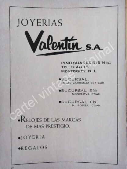 CARTEL ANTIGUO ORIGINAL DE JOYERIAS VALENTIN 1959 MONTERREY