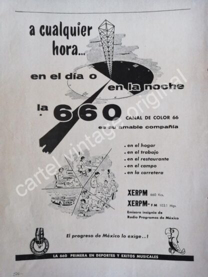 CARTEL ANTIGUO ORIGINAL DE ESTACION DE RADIO XERPM 660. MONTERREY 1959