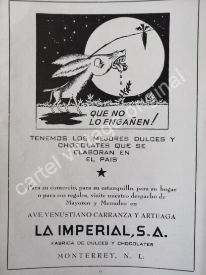 CARTEL ANTIGUO ORIGINAL DE FABRICA DE DULCES Y CHOCOLATES LA IMPERIAL 1959 MONTERREY