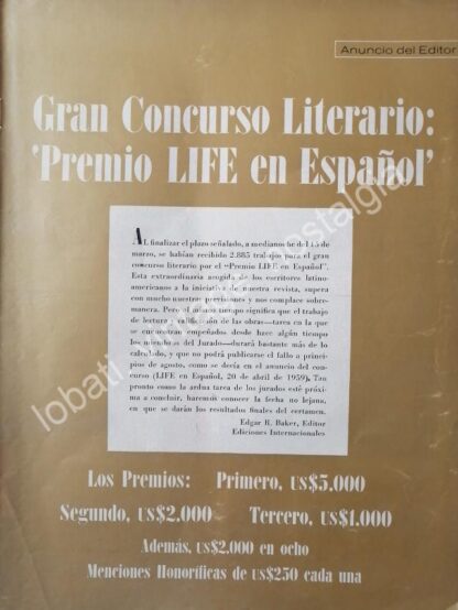 CARTEL ANTIGUO ORIGINAL DE CONVOCATORIA CONCURSO LITERARIO LIFE EN ESPAÑOL, 1960 / MUY RARO