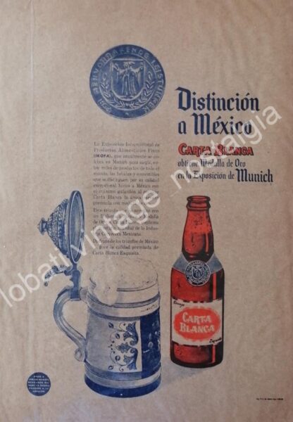 CARTEL ANTIGUO ORIGINAL DE CERVEZA CARTA BLANCA GANA PREMIO DE MUNICH 1960s / RARO