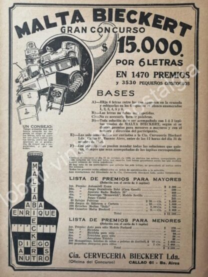 CARTEL ANTIGUO ORIGINAL DE CERVEZA TONICO BIECKERT 1930s /4