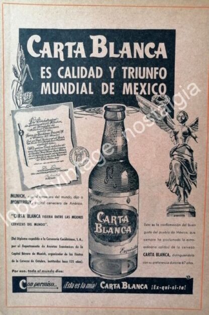 CARTEL ANTIGUO ORIGINAL DE CERVEZA CARTA BLANCA PREMIO DE MUNICH 1960 / RARO