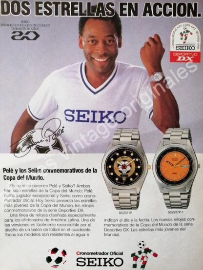 CARTEL ANTIGUO ORIGINAL DE 3 FICHES. FUTBOLISTA PELE Y RELOJES SEIKO 1990 / FEP - Imagen 2