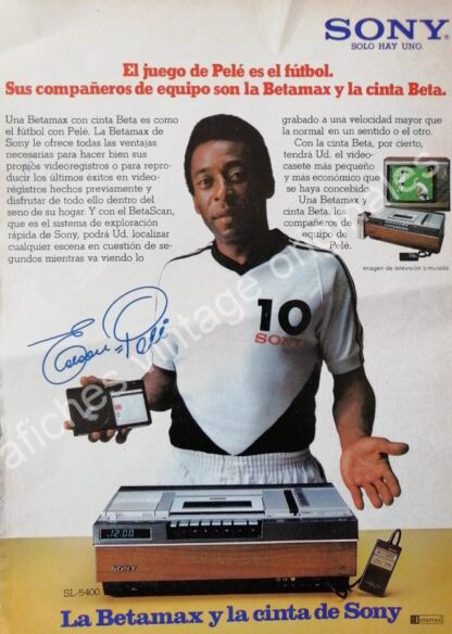 CARTEL ANTIGUO ORIGINAL DE 2 FICHES. FUTBOLISTA PELE Y SONY BETAMAX 1980s / FEP - Imagen 2