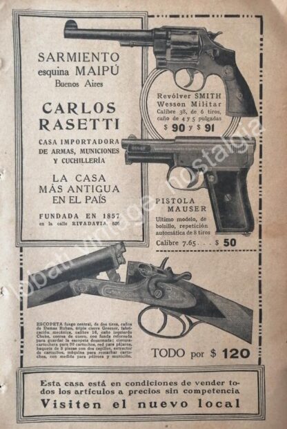 CARTEL ANTIGUO ORIGINAL DE ARMAS RASETI VARIAS 1927, ARGENTINA