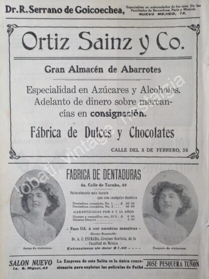 CARTEL ANTIGUO ORIGINAL DE TIENDA ORTIZ SAINZ & CO. 1912 D.F. Y DENTADURAS ESTRADA