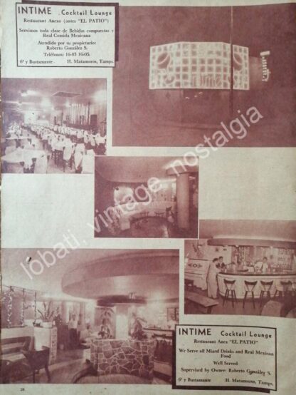 CARTEL ANTIGUO ORIGINAL DE RESTAURANT INTIME 1955 MATAMOROS /SUPER RARO