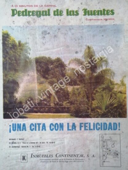 CARTEL ANTIGUO ORIGINAL DE COLONIA PEDREGAL DE LAS FUENTES. CUERNAVACA 1959