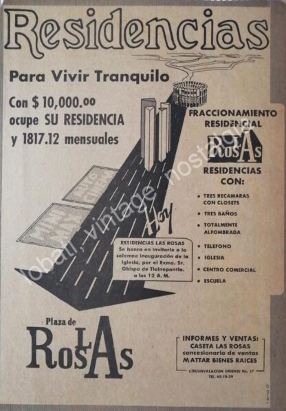 CARTEL ANTIGUO ORIGINAL DE COLONIA. PLAZA DE LAS ROSAS MATTAR BIENES RAICES S.A 1969