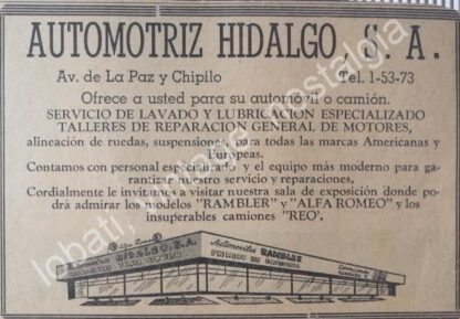 CARTEL ANTIGUO ORIGINAL DE AUTOMOTRIZ HIDALGO S.A 1958, PUEBLA