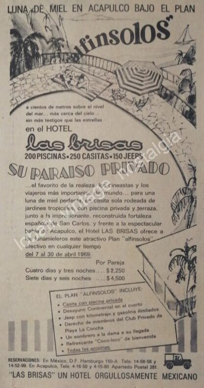 CARTEL ANTIGUO ORIGINAL DE HOTEL LAS BRISAS DE ACAPULCO 1967