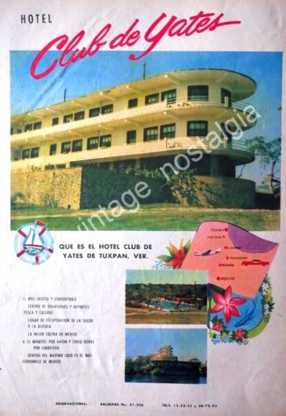 CARTEL ANTIGUO ORIGINAL DE HOTEL Y CLUB DE YATES, TUXPAN VER. 1956 / MUY RARO