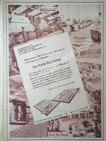 CARTEL ANTIGUO ORIGINAL DE INDUSTRIAS RUIZ GALINDO FELICITA A RUIZ CORTINES 1956 /RARO