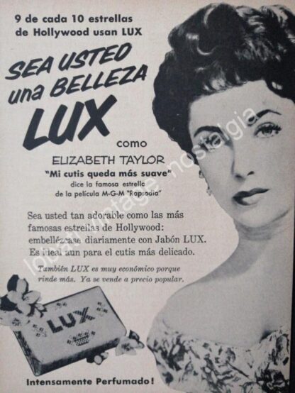 CARTEL ANTIGUO ORIGINAL DE CARTELITO. LIZ TAYLOR Y JABONES LUX 1954 / FEP