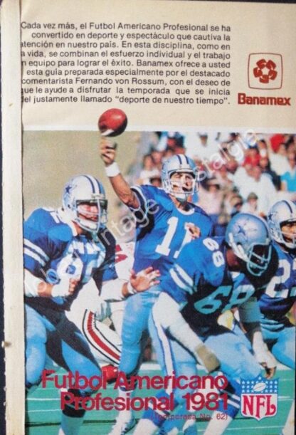 CARTEL ANTIGUO ORIGINAL DE FOLLETO BANAMEX SUPER TAZON NFL 1981