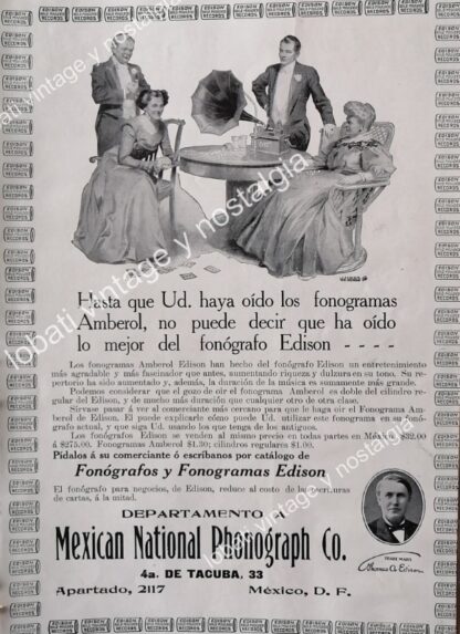 CARTEL ANTIGUO ORIGINAL DE FONOGRAFOS EDISON 1910 MEXICAN NATIONAL PHONOGRAPH /SUPER RARO