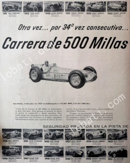 CARTEL ANTIGUO ORIGINAL DE PILOTO SAM HANKS 500 MILLAS DE INDIANAPOLIS / FEP