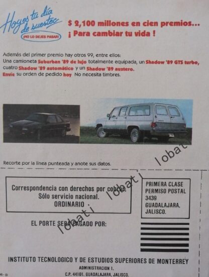 CARTEL ANTIGUO ORIGINAL DE PUBLICIDAD RETRO DEL SORTEO TEC GUADALAJARA 1989 - Imagen 2