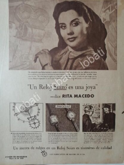 CARTEL ANTIGUO ORIGINAL DE RITA MACEDO Y RELOJES SUIZOS 1950 / RARO FEP