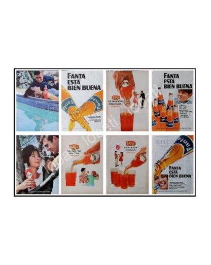 CARTEL ANTIGUO ORIGINAL DE SET DE 8 AFICHES REFRESCOS FANTA Y ORANGE CRUSH 1960s 70s