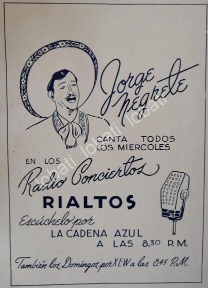 CARTEL ANTIGUO ORIGINAL DE JORGE NEGRETE Y CIGARROS RIALITOS 1953 XEW RADIO / SUPER RARO