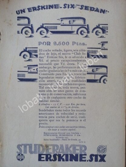 CARTEL ANTIGUO ORIGINAL DE AUTOS STUDEBAKER ERSKINE SIX CLUB SEDAN 1926 /130