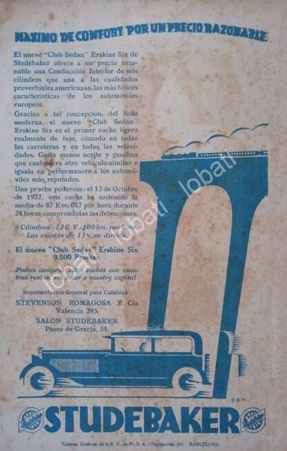 CARTEL ANTIGUO ORIGINAL DE AUTOS STUDEBAKER ERSKINE SIX CLUB SEDAN 1926 /128 /RARO