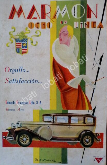 CARTEL ANTIGUO ORIGINAL DE AUTOS MARMON 8, ART NOUVEAU 1930 DIBUJO DE G. FANILLI