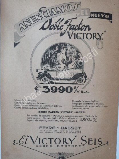 CARTEL ANTIGUO ORIGINAL DE AUTOS DODGE BROTHER VICTORIA SEIS 1927 /113