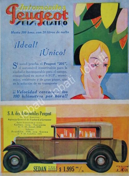 CARTEL ANTIGUO ORIGINAL DE AUTOS PEUGEOT SEIS CUATRO 1926 / ART NOUVEAU