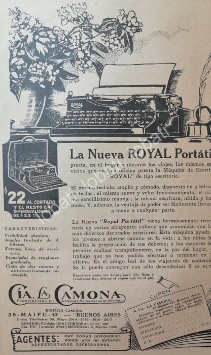 CARTEL ANTIGUO ORIGINAL DE MAQUINAS DE ESCRIBIR ROYAL PORTATIL 1926 /21