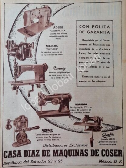 CARTEL ANTIGUO ORIGINAL DE MAQUINAS DE COSER ADLER. CASA DIAZ DE MAQUINAS DE COSER 1956 /11