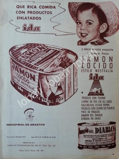 CARTEL ANTIGUO ORIGINAL DE JAMON COCIDO IDA. INDUSTRIAL DE ABASTOS S.A 1950s / MUY RARO