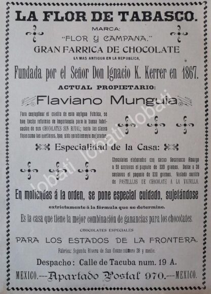 CARTEL ANTIGUO ORIGINAL DE FABRICA DE CHOCOLATES LA FLOR DE TABASCO 1898 / MUY RARO