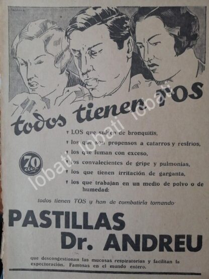 CARTEL ANTIGUO ORIGINAL DE MEDICINA. PASTILLAS DR. ANDREU 1930s /15