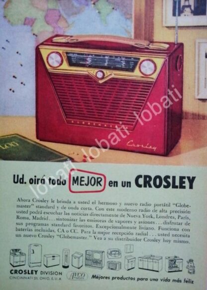 CARTEL ANTIGUO ORIGINAL DE MINI CARTEL. RADIO CROSLEY GLOBE MASTER 1940s /53 /RARO