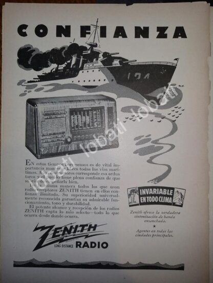 CARTEL ANTIGUO ORIGINAL DE MINI CARTEL. RADIO TRANS OCEANICO ZENITH 1940s SEGUNDA GUERRA MUNDIAL /52