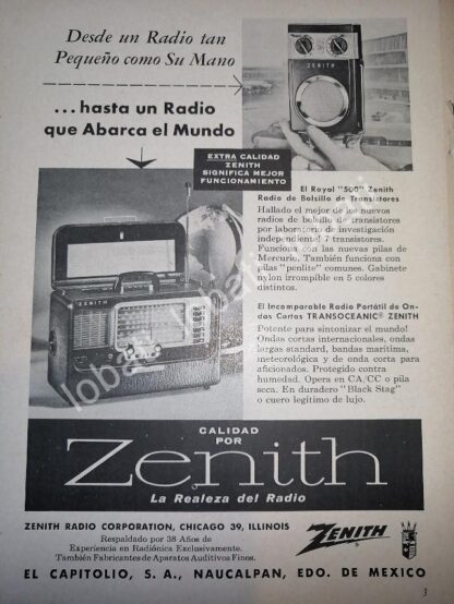 CARTEL ANTIGUO ORIGINAL DE MINI CARTEL. RADIO TRANS OCEANICO ZENITH 1940s /49